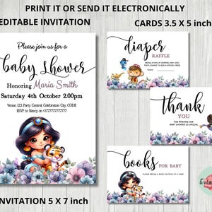 Jasmine Baby Shower Invitation Bundle, Aladdin Party Evite, Purple and Pink Thank You Card, Diaper Raffle Card, Baby Books Card, Printable