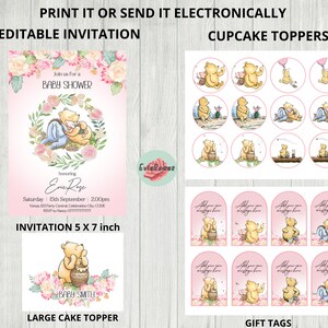 Pink Winnie the Pooh Baby Shower Bundle: Floral Invite, Tags, Toppers (Digital Download)