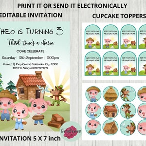 Toddler Fairy Tale Invite, Cute Piglet Party Decor, Turquoise Green Kids Printable Supplies, Editable Invite, Cake Toppers, Gift Tags