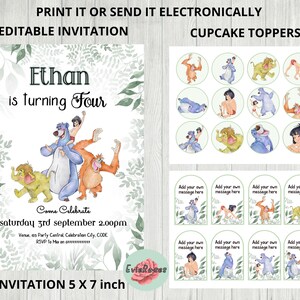 May include: A set of printable party supplies featuring characters from a popular animated film. The invitation is 12.7 x 17.8 cm and includes the text "Ethan is turning Four". The set includes cupcake toppers and invitation.