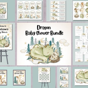 Drachen-Babyparty-Bundle, grünes Drachenei einladen, Mythisches Königreich, Wolken- und Sterndekor, einladen, Schilder, Etiketten, Tags, Topper, Spiele