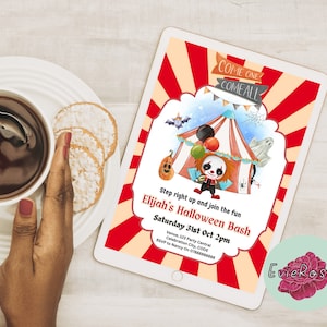 Convite de palhaço assustador, cartão de RSVP de circo assustador, texto de Halloween assustador, convite para impressão Come One Come All, decoração de palhaço de desenho animado E1108