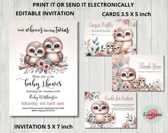 Boho Owl Twin Baby Shower Invitation Bundle (Digital Download)