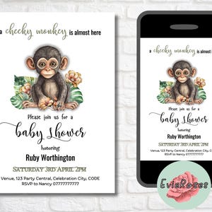 Faire-part singe coquin, Evite minimaliste pour baby shower, décoration de fête jungle, carte RSVP bébé singe imprimable, vert sauge E1975