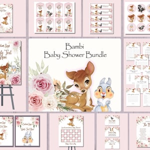 Paquete de baby shower de Bambi, invitación de ciervo rosa, invitación de Bambi para baby shower de niñas, letrero de bienvenida, etiquetas de obsequio, etiquetas, juegos, adornos para tartas, tarjetas