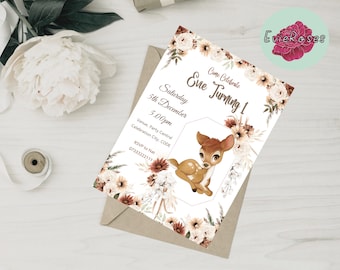 Baby Deer 1st Birthday Invite: Boho Floral Text Evite (Digital Design)