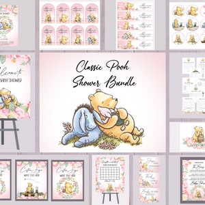 Pacote clássico de chá de bebê Winnie, decoração de festa editável do ursinho Pooh, convite, jogos, placas, etiquetas, chapéus de coco, etiquetas de garrafa, cartão de agradecimento