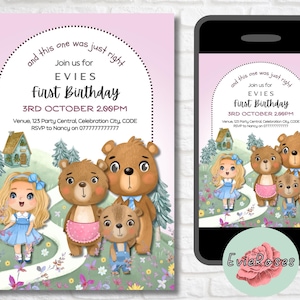 Goldilocks Invitation, Girls Birthday Invite, Pink and Purple Party Evite, Fairy Tale Party Invitation, Printable Fable Invite E953