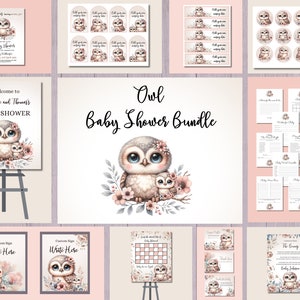 Paquete de baby shower boho rosa, invitación de búho bebé, decoración de baby shower para niñas, carteles de bienvenida, etiquetas, adornos, etiquetas de botellas, juegos de ducha
