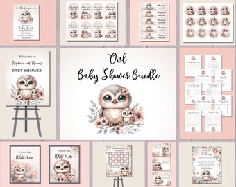 Peut inclure: Ensemble de cartes imprimables pour une fête prénatale sur le thème de la chouette, dans les tons rose et gris. L'ensemble comprend des invitations, des décorations, des jeux et des activités. Le texte "Owl Baby Shower Bundle" est présenté sur la face avant de l'ensemble.