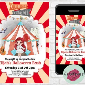Girls Clown Invitation, Spooky Halloween Text Evite, Come One Come All Invite, Red Striped Printable RSVP Card, Scary Clown Invite E1106