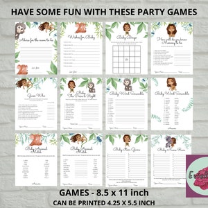 May include: A set of printable baby shower games featuring jungle animal illustrations. The games include "Advice for the Mom to Be", "Baby Bingo", "Guess Who", "Baby Animal Match", "Baby Item Guess", and "Baby Name Race". The games are designed to be printed on 8.5 x 11 inch paper and can be printed at 4.25 x 5.5 inch.