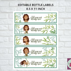 May include: Five printable 8.5 x 11 inch bottle labels featuring a cartoon illustration of a boy with brown hair and a brown loincloth. The labels have a green and white watercolor background with leaves and branches. The text on the labels reads "Add your own message here".