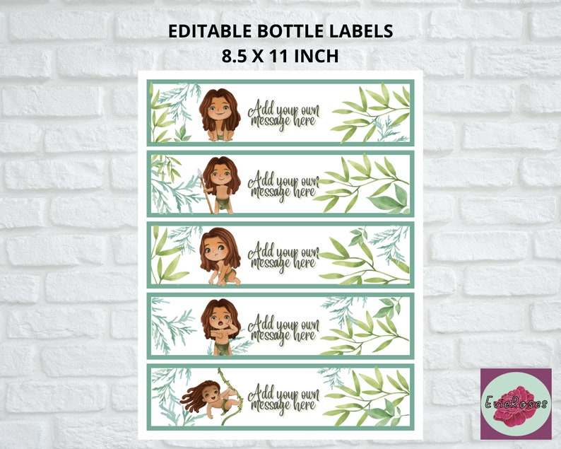May include: Five printable 8.5 x 11 inch bottle labels featuring a cartoon illustration of a boy with brown hair and a brown loincloth. The labels have a green and white watercolor background with leaves and branches. The text on the labels reads "Add your own message here".
