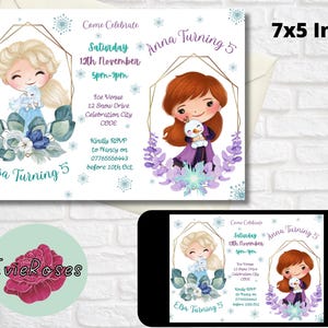 Invitation conjointe de princesse, double célébration d'anniversaire de filles, Evite de fête entre frères et sœurs, carte RSVP imprimable princesse bleue et violette, décor flocon de neige