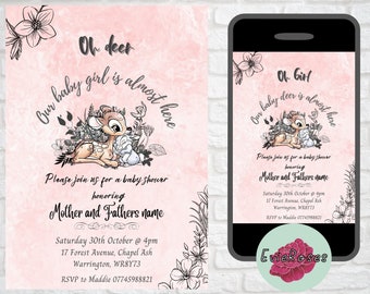 Little Deer Baby Shower Invite, Watercolor Pink Baby Girl Shower Text Evite, Printable It&#39;s a Girl Party Supplies E070