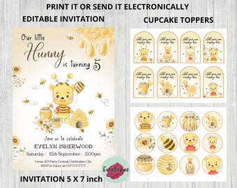 Golden Hunny Bear Invite, Cute Kids Party Decor, Honey Bee and Hive Party Supplies, Gender Neutral Toddler Party Gift Tags, Cake Toppers