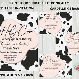 Convite para chá de bebê Holy Cow, texto rosa bebê Evite, decoração engraçada para festa, texto moderno para chá de bebê Evite, cartão de agradecimento, cartão de rifa de fraldas