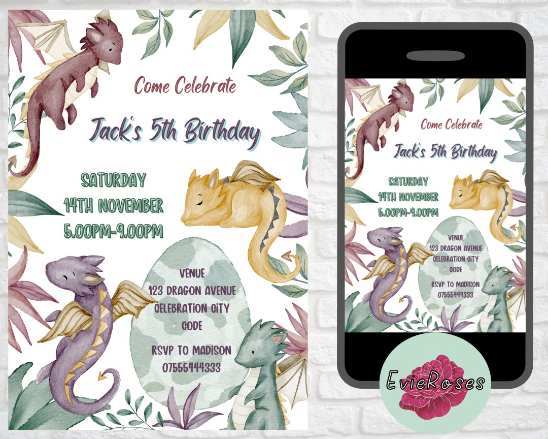 Dragon Birthday Invitation, Cute Dragon Party Text Evite, Dragon Themed ...