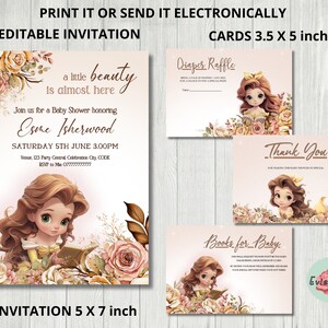 Pacchetto invito per baby shower La Bella e la Bestia, invito per una festa principessa, decorazione stampabile Boho Rose, biglietto di ringraziamento, biglietto per lotteria pannolini