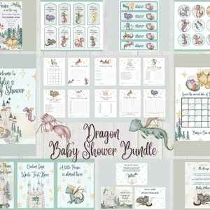 Może przedstawiać: Zestaw do baby shower do wydrukowania z motywem smoka. Zestaw zawiera tabliczkę powitalną, zaproszenia, gry i dekoracje. Projekt zawiera jasnoniebieskie tło z złotymi gwiazdami i akwarelową ilustrację smoka.