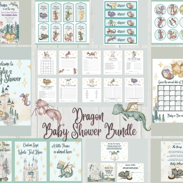 Dragon Prince Baby Shower Bundle, Printable Dragon Egg Baby Boy Shower Invitation, Mythical Kingdom Shower Decoration, Tags, Toppers, Games