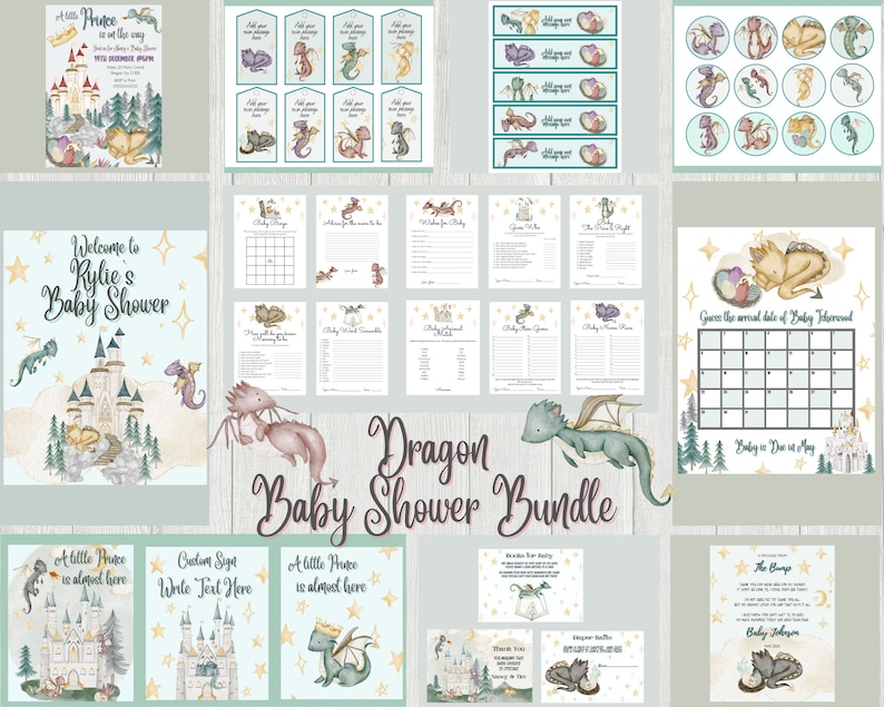 Może przedstawiać: Zestaw do baby shower do wydrukowania z motywem smoka. Zestaw zawiera tabliczkę powitalną, zaproszenia, gry i dekoracje. Projekt zawiera jasnoniebieskie tło z złotymi gwiazdami i akwarelową ilustrację smoka.
