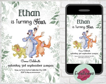 Jungle Birthday Invite, Jungle Animal Kids Party Printable Decor, Editable Mowgli Text Evite, Digital Download E1103