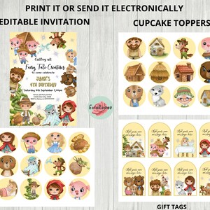 May include: Printable set of fairy tale themed party decorations. Includes a birthday invitation, cupcake toppers, and gift tags. The invitation features a red riding hood, a wolf, and a pig. The cupcake toppers feature a variety of fairy tale characters, including a wolf, a pig, a gingerbread house, and a red riding hood. The gift tags feature a variety of fairy tale characters, including a wolf, a pig, a gingerbread house, and a red riding hood. The text on the invitation reads "Calling all Fairy Tale Creatures to come celebrate Jack's 4th Birthday".