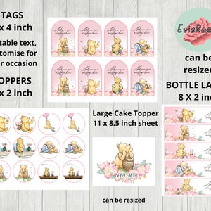 Classic Winnie the Pooh Printable Bundle, Pink Floral Pooh Decor, Tags, Toppers, Bottle Labels, Digital Download