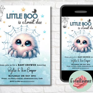 Invito per baby shower spettrale, invito digitale Little Boo, biglietto RSVP per festa a tema ragno, invito per baby shower blu stravagante, annuncio nascita di Halloween