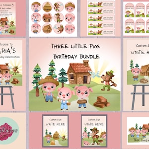 Three Little Pig Party Bundle, Children&#39;s Story Themed Birthday Decor, Pink Party Decoration, Early Learning Printable Supplies