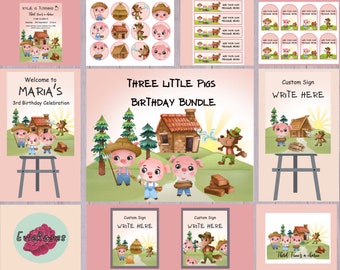 May include: A printable birthday party bundle featuring the Three Little Pigs. The bundle includes a welcome sign, custom signs, cupcake toppers, favor tags, and a printable sign that says "Third Time's a Charm".