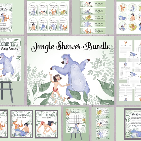 Jungle Baby Shower Bundle, Editable Invite, Greenery Gift Tags and Cake Toppers, bottle Labels and welcome Signs, Digital Download