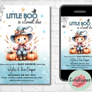 Invito per baby shower "Spaventapasseri", invito "Boo", biglietto RSVP per annuncio nascita di Halloween, invito con testo blu per baby shower, modificabile