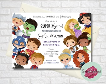 May include: A colorful invitation for a superhero and princess themed 10th birthday party for Sophia and Justin. The invitation features cartoon illustrations of superheroes and princesses, including Spiderman, Hulk, Captain America, and Belle. The invitation includes the date, time, and location of the party, as well as an RSVP contact.