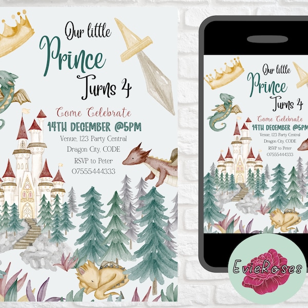 Dragon Prince Birthday Invite, Mythical Kingdom Boys Birthday Invite, Dragon Kingdom Text Evite, Prince and Castle Birthday Evite E286