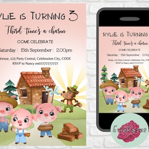 Early Learning Birthday Invite, Toddler Party Decor, Three Little Pigs Supplies, Pink Birthday Girl Text Evite, Digital Download E946