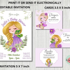 Lot d'invitations pour baby shower Raiponce, invitation princesse, carte de remerciement, carte de tombola couche-culotte princesse bébé, carte livres bébé