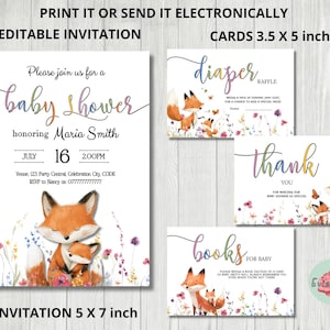 Invitation renard mignon, lot de baby shower, carte de remerciement fleurs sauvages, carte de tombola couches couches mère et bébé imprimable, pack fête forêt, modifiable