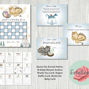 Dragon Baby Shower Party Bundle, Blue Baby Shower Games, Devinez l’affiche d’arrivée, Carte de remerciement, Carte de tombola de couches, Livres pour carte de bébé