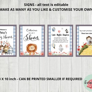 May include: Four baby shower signs with a blue gingham border. The signs include text such as "Maisy's baby shower" and "Late Night Diapers". The signs are 8 x 10 inches and can be printed smaller.
