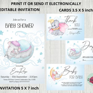 May include: A baby shower invitation set featuring a watercolor illustration of a mother elephant and baby elephant on a crescent moon. The invitation is 5x7 inches, and the other cards are 3.5x5 inches. The set includes a thank you card, a diaper raffle card, and a book request card. The invitation is for a baby shower honoring Evie Rose.