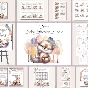 Lot d'invitations pour baby shower loutre, joli lot de fête loutre, Panneaux de bienvenue, jeux, étiquettes, décorations, carte de remerciement, baby shower neutre