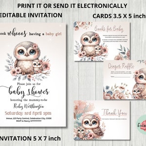 Pacchetto baby shower con gufo, invito per baby shower per ragazze, invito a una festa con uccelli Boho, decorazioni rosa chiaro e beige, biglietto di ringraziamento, biglietto per lotteria pannolini