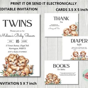 Lot de jumeaux fête de naissance, invitation lion mignon, faire-part de jumeaux Evite, lionceau RSVP, carte de remerciement imprimable, lot de couches tombola