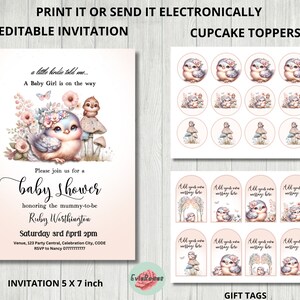 Boho Bird Baby Shower Bundle, Baby Pink Invite, Bluebird Party Evite, Girls Baby Shower Printable Gift Tags and Cake Toppers
