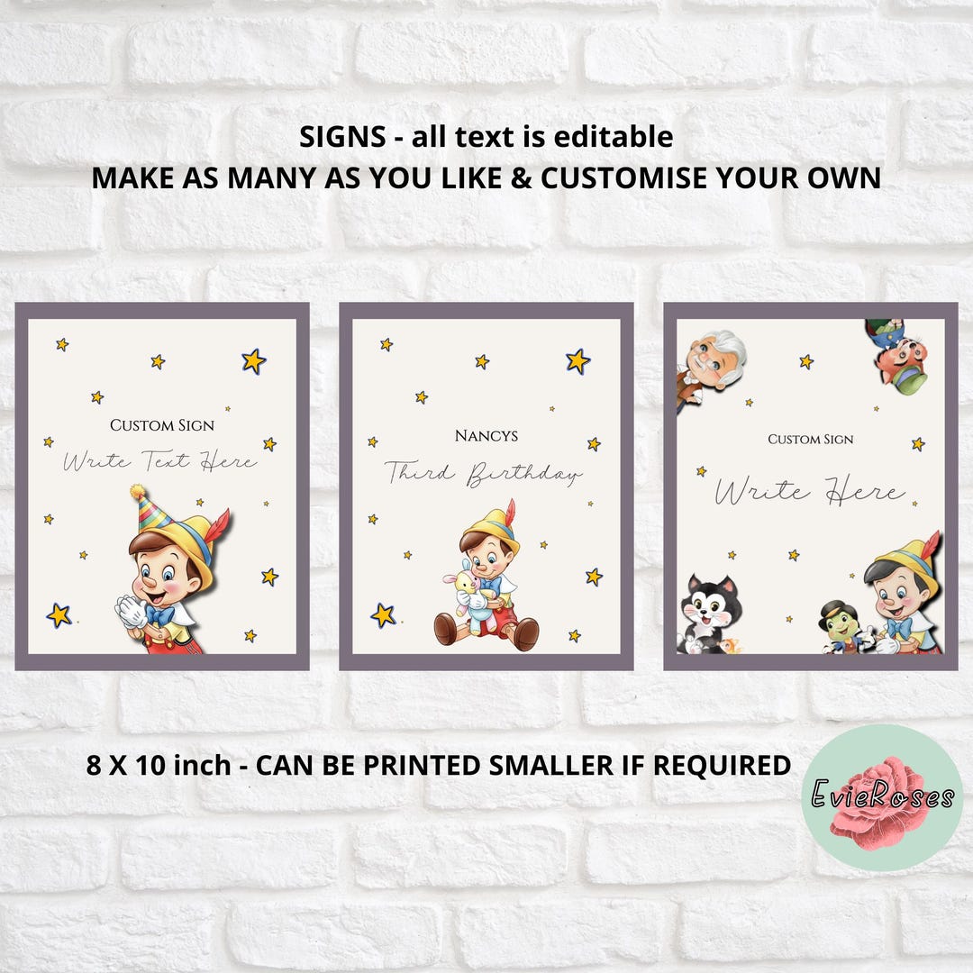 Pinocchio Sign Pinocchio Birthday Welcome Sign Bundle, Printable Canva Template ...
