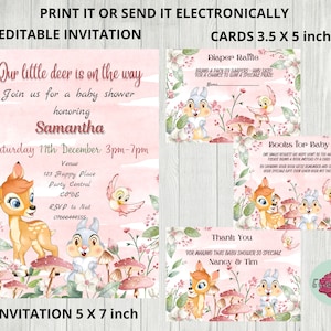 Pacote de chá de bebê Bambi, convite floral rosa, cartão de agradecimento, cartão de sorteio de fraldas, cartão de livros para bebê, download digital