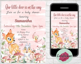 Baby Deer Baby Shower Invite, Bambi Baby Girl Shower Text Evite, Cute Baby Animal Shower Invite, It&#39;s a Girl Baby Shower Invite E258